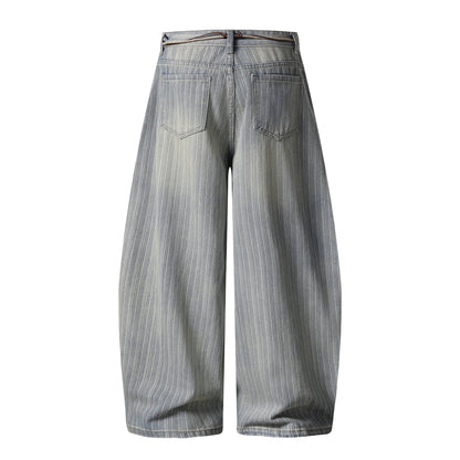 Stripe Texture Balloon Wide Leg Jeans Braided Rope Belt Wooden Bead High Waist Baggy Denim Pants Vintage Streetwear Trousers | Bead Rope