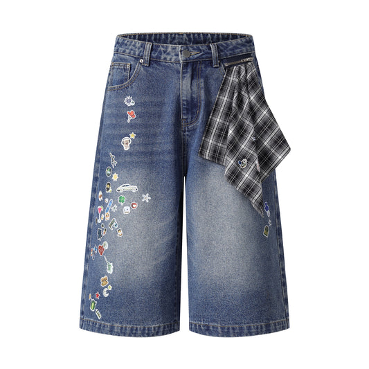 Sticker Hanky Cartoon Wide Leg Denim Shorts - Blue Back