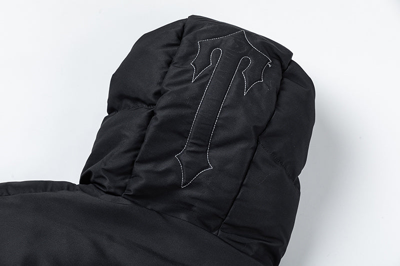 Trapstar black and gray hooded puffer jacket with quilted panels, full zip closure, and front pockets - view 4