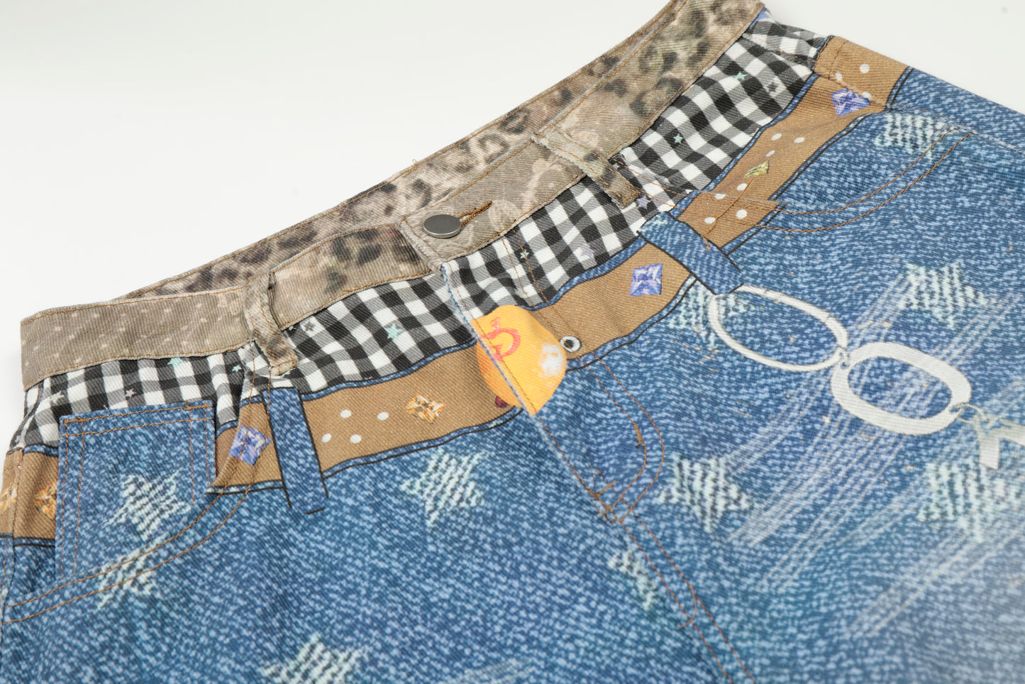Women's Leopard Gingham Patchwork Star Print Number Embroidery High Waist Wide Leg Denim Shorts Y2K Streetwear Bermuda Jean Shorts