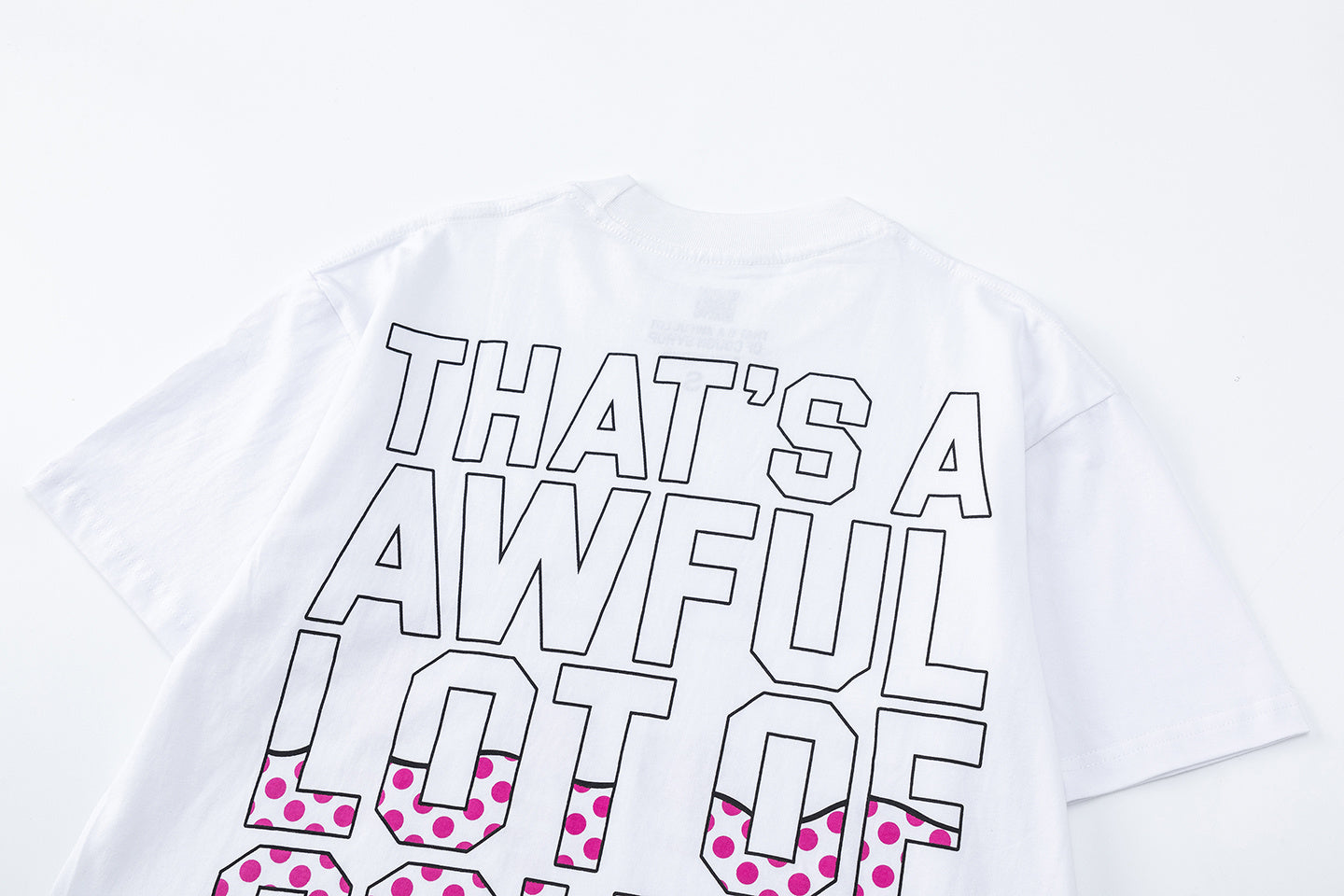 White crew neck graphic T-shirt with baby bottle artwork and pink polka dot text - view 4