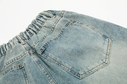 Cartoon Embroidery Scatter Patch Wide Leg Jeans Elastic Waist Washed Denim Bear Star Bow Y2K Harajuku