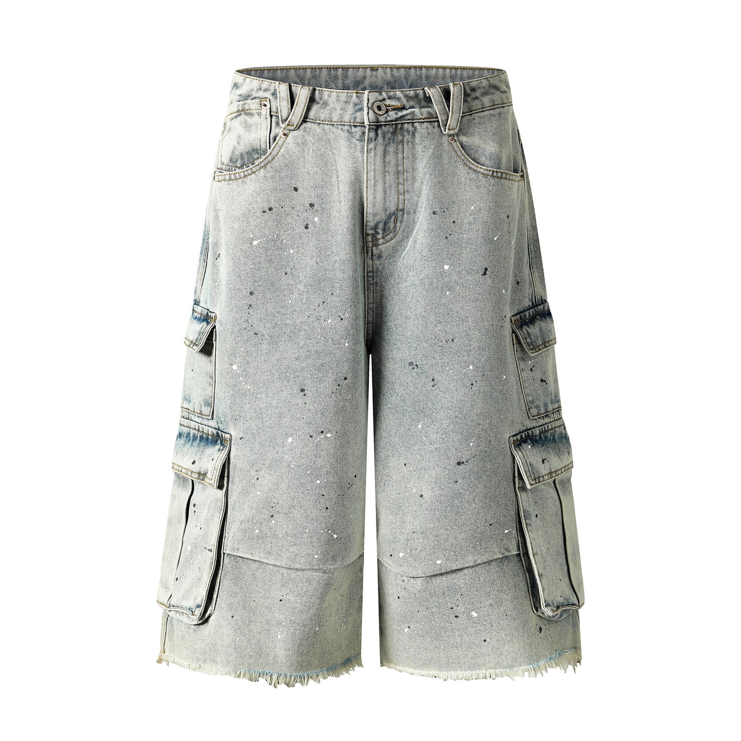 Light wash cargo denim shorts back view with dog graphic