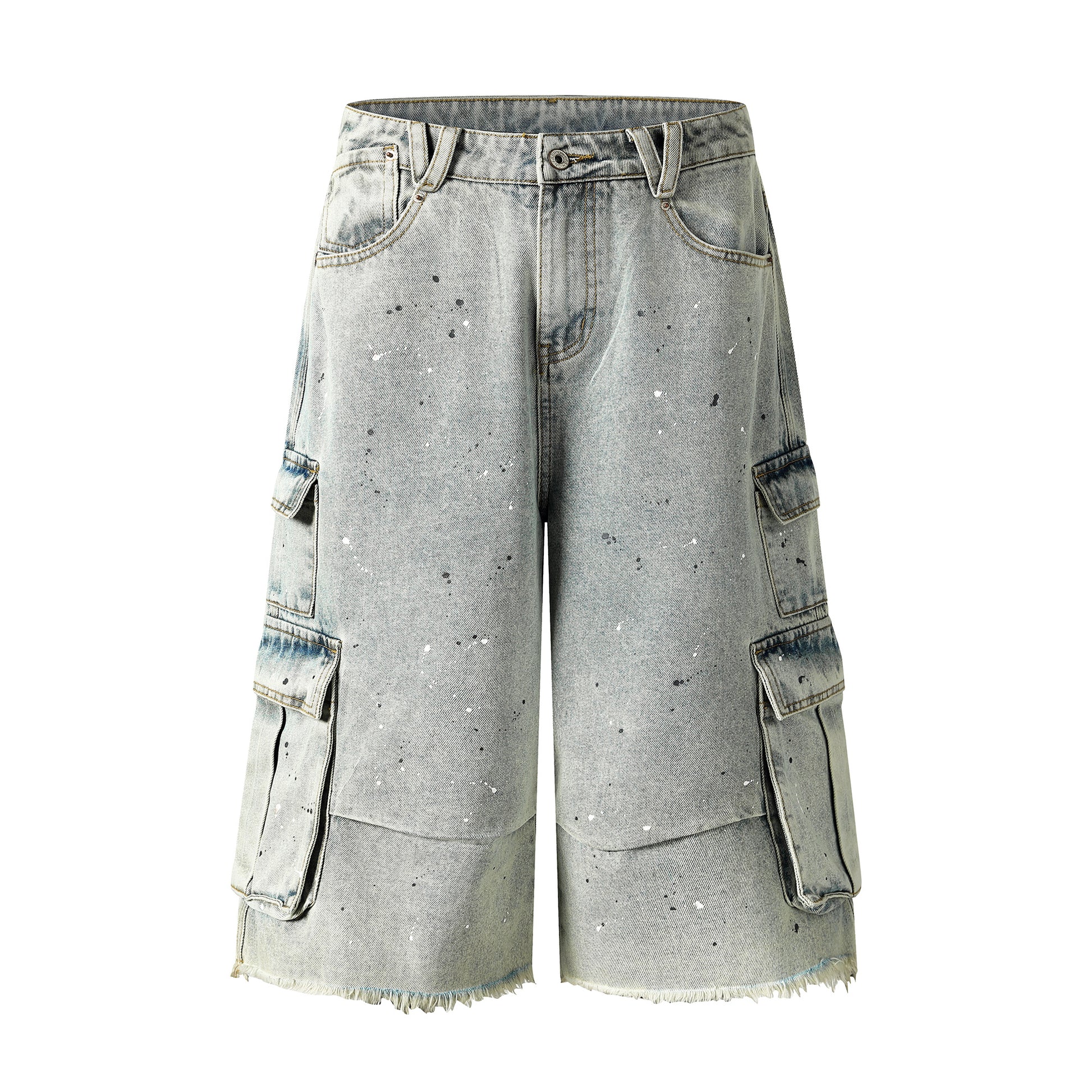Light wash cargo denim shorts back view with dog graphic