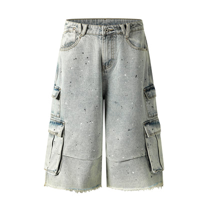 Dog Graphic Paint Splatter Cargo Denim Shorts Wide Leg High Waist Washed Multi-Pocket Streetwear Summer Casual Jean Shorts | Pup Cargo