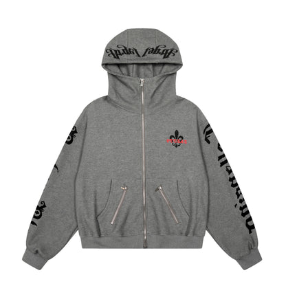 Fleur Goth Gothic Letter Print Zip Up Hoodie Oversized Streetwear Y2K Grunge Fleur-de-Lis Emblem Fleece Lined Sweatshirt | Fleur Goth