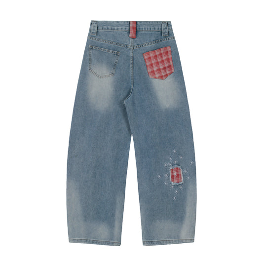 Red Plaid Patch Star Embroidery Wide Leg Jeans - Blue Back