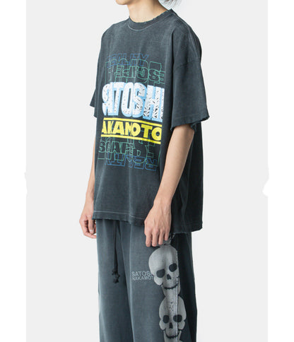 Satoshi Nakamoto Stack Letter Logo Tee Washed Navy 300g Heavy Cracked Print Distressed Raw Hem Streetwear Short Sleeve | Stack Reality Tee