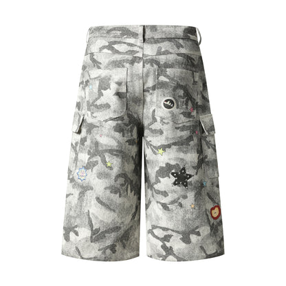 Snow Camo Cargo Shorts Teddy Bear Pendant Cartoon Patch Multi Pocket High Waist Casual Streetwear Baggy Shorts | Camo Bear