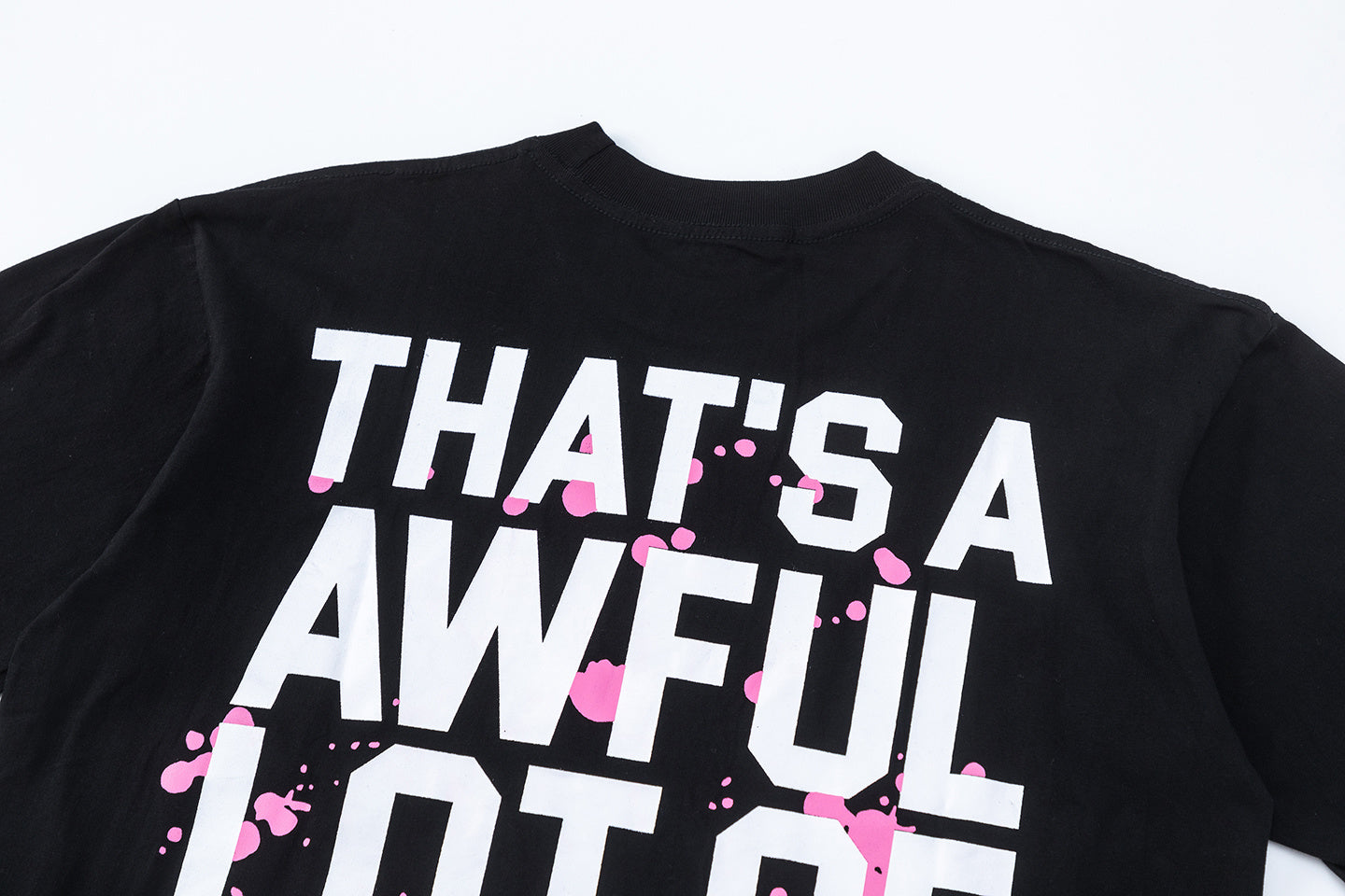 Black unisex graphic T-shirt with bold pink and white front and back prints - view 4