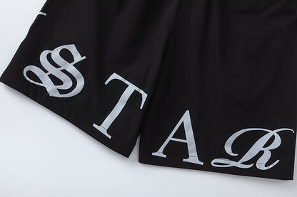 Unisex Graphic Drawstring Shorts, Elastic Waist Pockets, Casual Streetwear