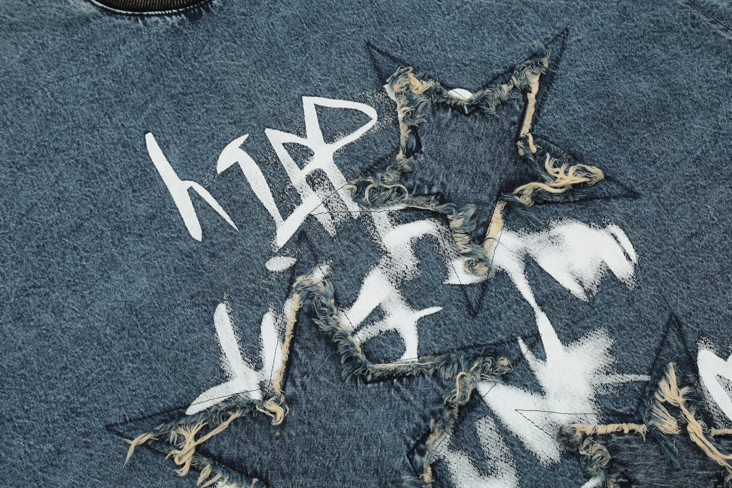 Distressed Star Patch Graffiti Washed Denim Tee Oversized Short Sleeve Hip Hop Streetwear Y2K Vintage Graphic T-Shirt | Star Grunge