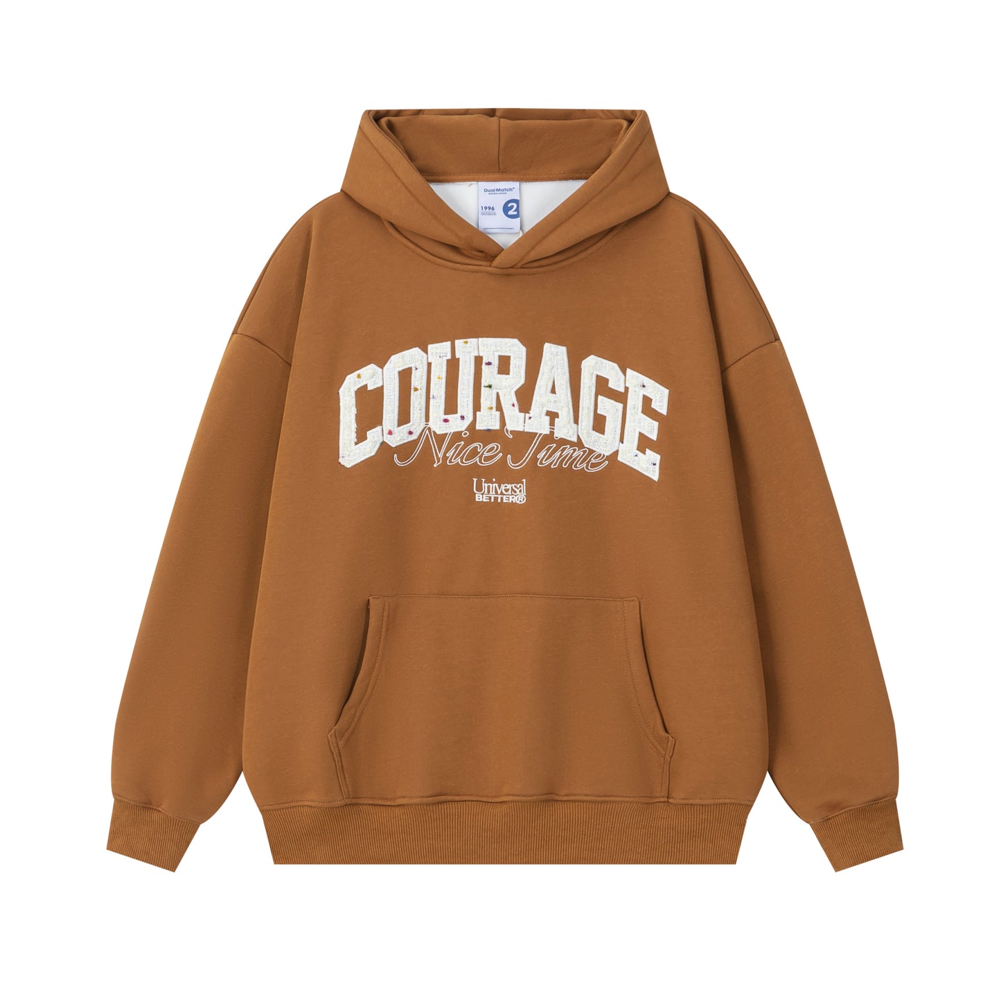 Caramel Brown DuoMatch Courage arch letter applique hoodie front view