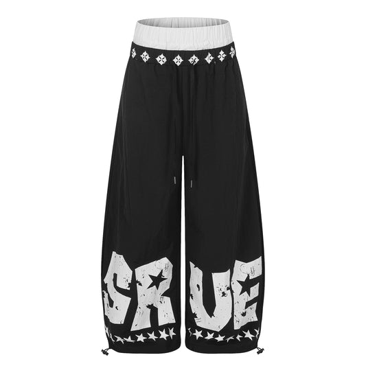 SRVE Letter Star Print Wide Leg Parachute Pants - Navy Side