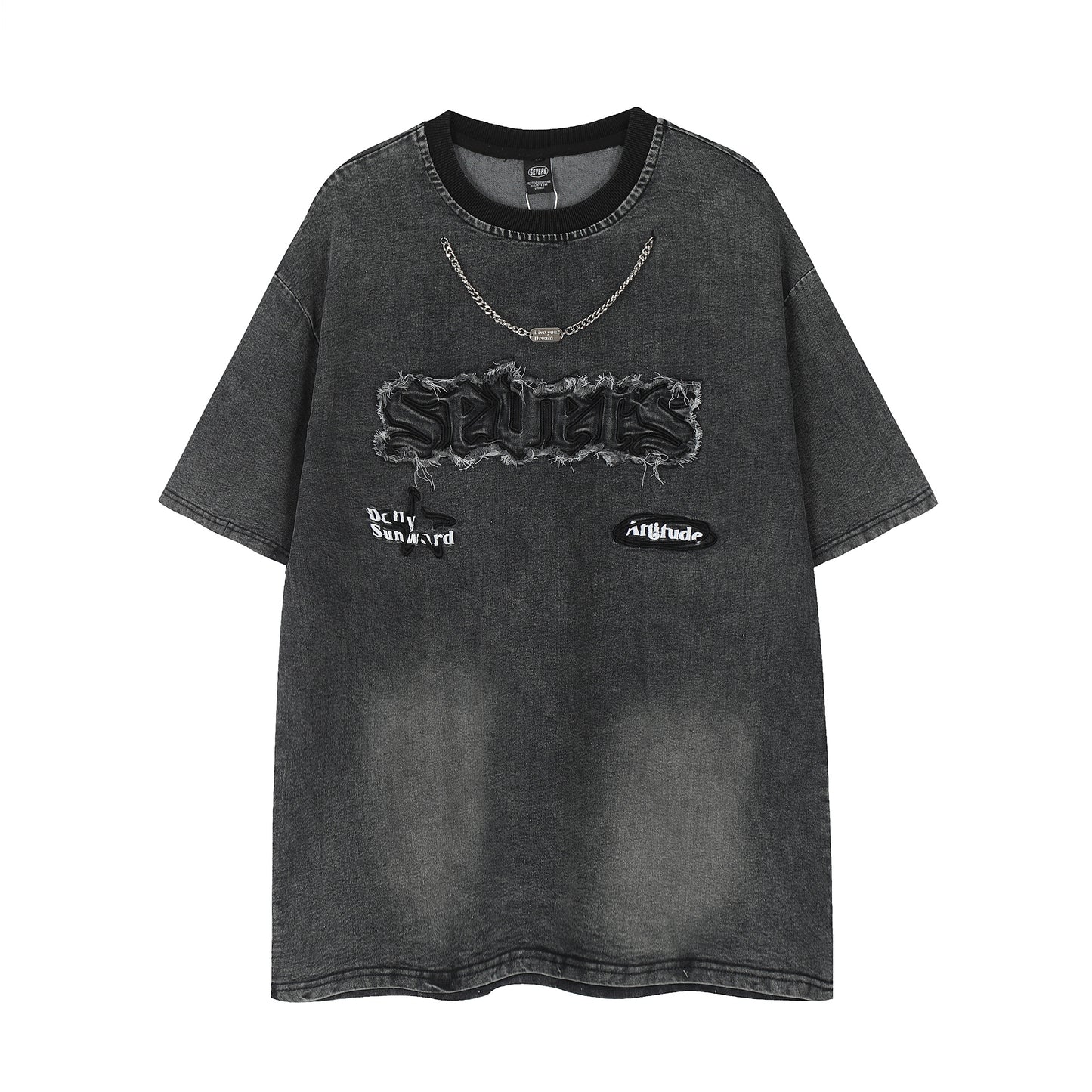 Oversized Washed Graphic Chain Embroidery Crewneck Short Sleeve Tee Streetwear Hip Hop Casual Summer T-Shirt
