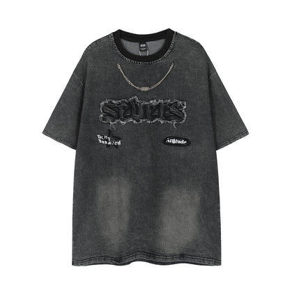 Oversized Washed Graphic Chain Embroidery Crewneck Short Sleeve Tee Streetwear Hip Hop Casual Summer T-Shirt