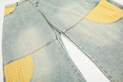 Yellow Plaid Patchwork Wide Leg Denim Jeans High Waist Washed Barrel Streetwear Y2K Casual Pants | Sunny Barrel
