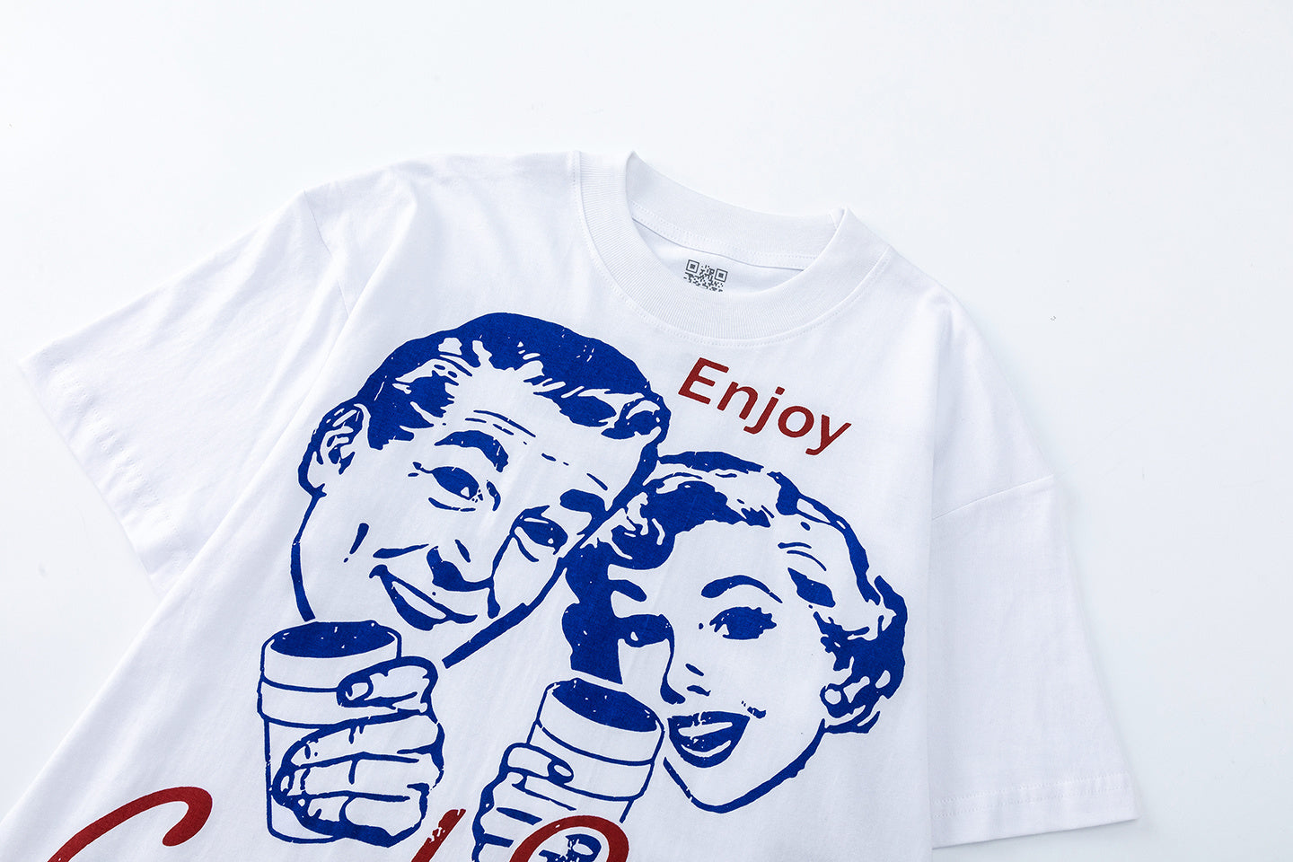 White crew neck graphic T-shirt with colorful Cough Syrup lettering and vintage-style illustrated coffee graphic - view 4