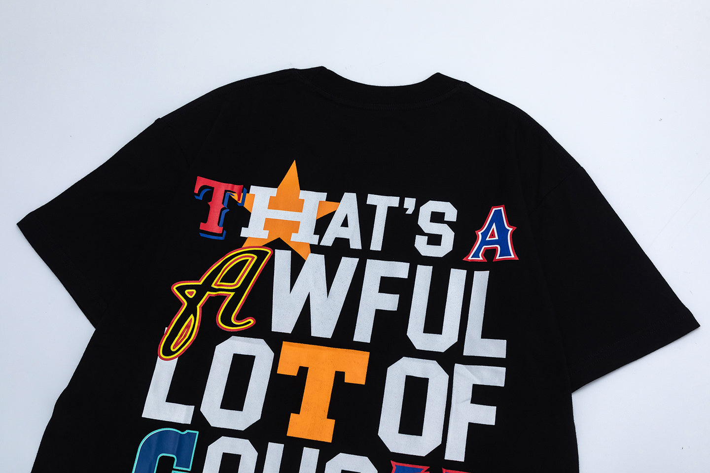 Black short sleeve graphic T-shirt with colorful basketball-inspired front and back print - view 4
