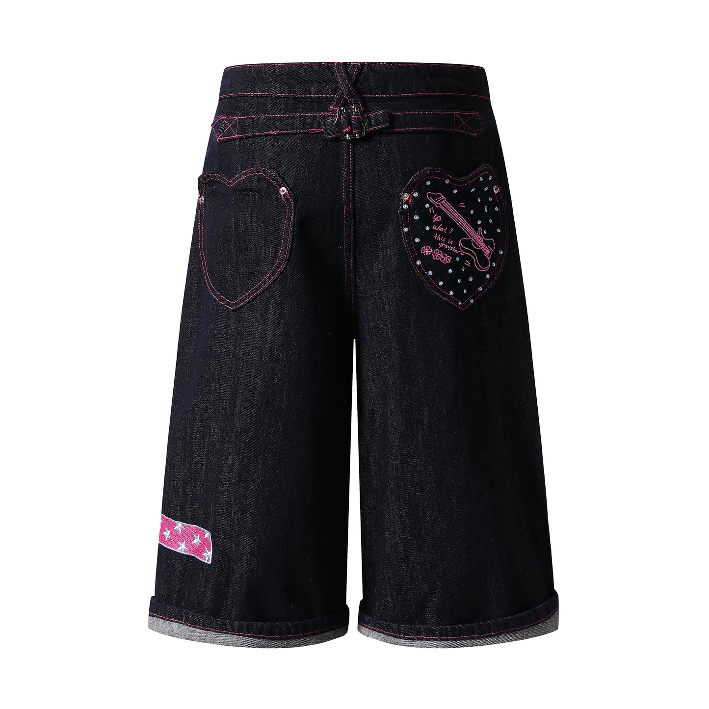 Rock Heart Embroidery Wide Leg Denim Shorts - Back View