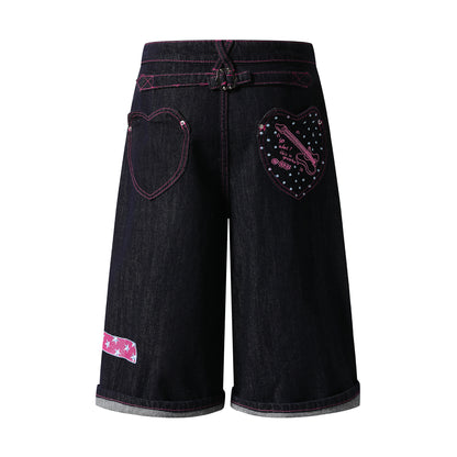 Heart Pocket Guitar Embroidery Wide Leg Denim Shorts Pink Stitch Button Fly Rhinestone Streetwear Baggy Jean Shorts | Rock Heart