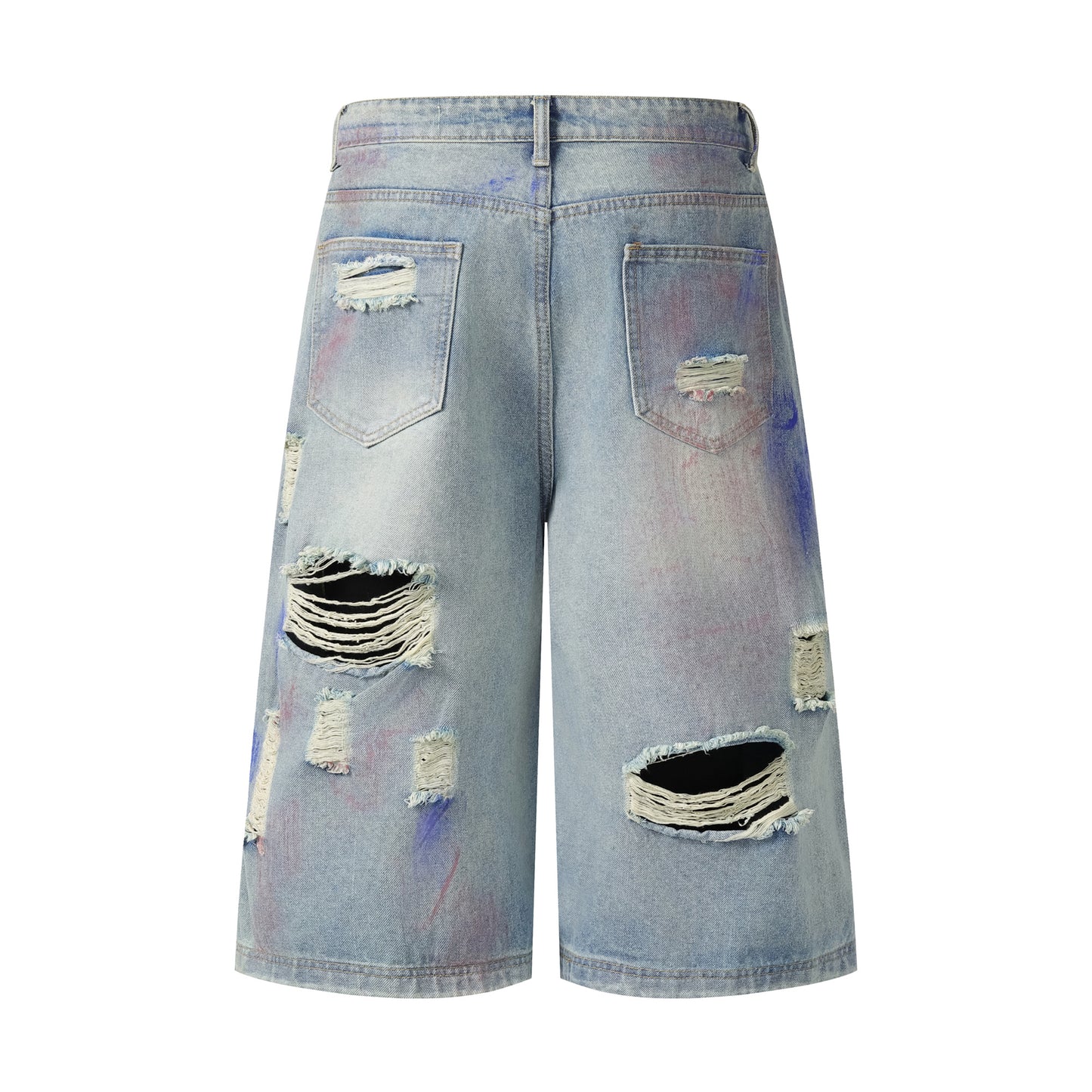 Paint splash ripped denim shorts angled view