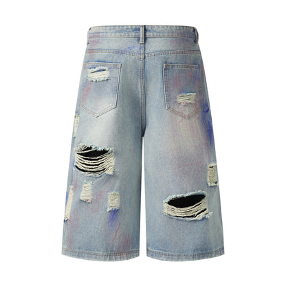 Paint Splash Distressed Ripped Denim Shorts Wide Leg High Waist Washed Streetwear Summer Casual Jean Shorts | Violet Wreck
