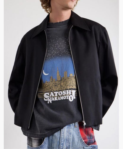 Satoshi Nakamoto NYC Skyline Moonrise Short Sleeve Tee Washed Navy 300g Heavy Stone Wash Cracked Print Streetwear | NYC Moonrise Tee