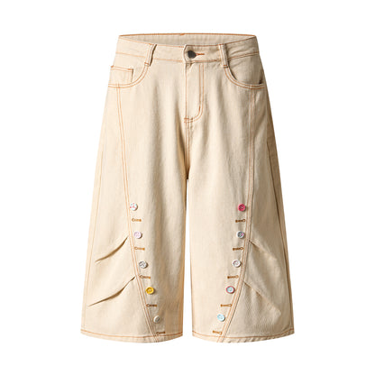 Colorful Button Embellished Wide Leg Denim Shorts Arc Seam Detail High Waist Casual Streetwear Baggy Jean Shorts | Button Row
