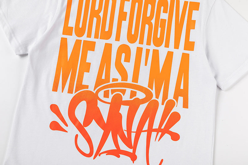 Unisex white graphic T-shirt with red graffiti-style print and black illustrated front graphic - view 4
