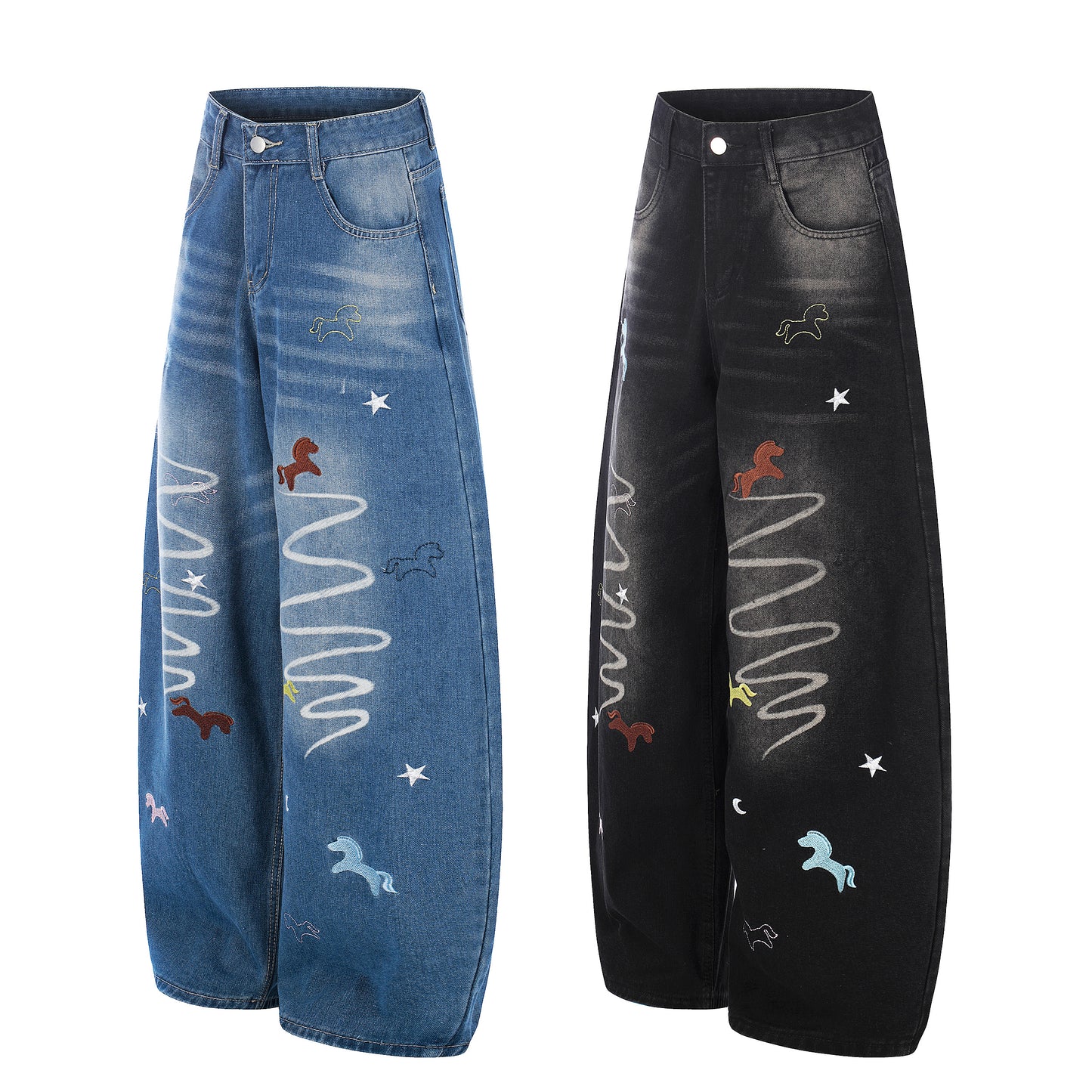 Unicorn Embroidery Wide Leg Denim Jeans - Blue Back