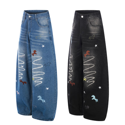 Unicorn Embroidery Wide Leg Denim Jeans High Waist Spiral Print Y2K Streetwear Casual Pants