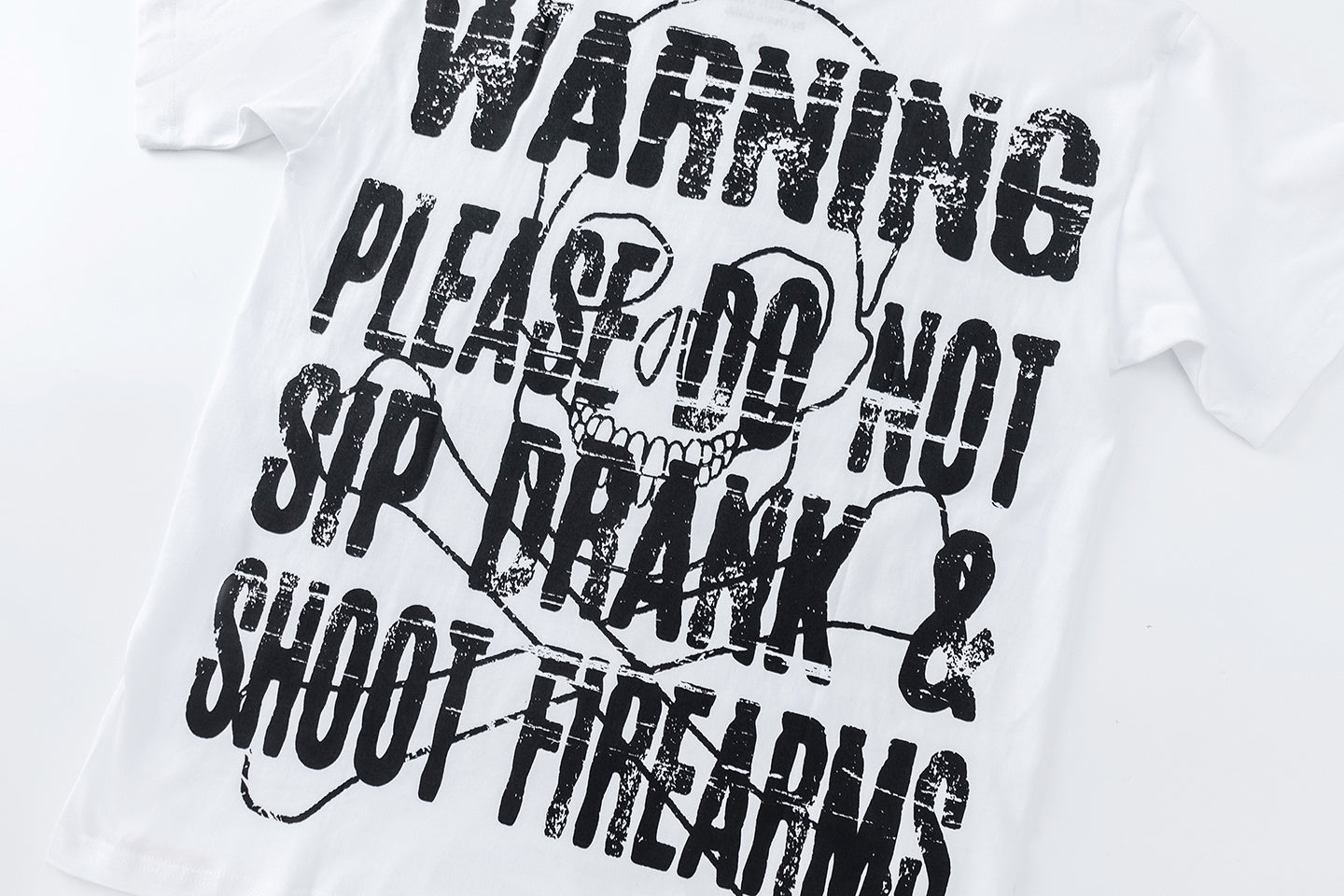 White crew neck graphic T-shirt with short sleeves and bold black printed artwork - view 4
