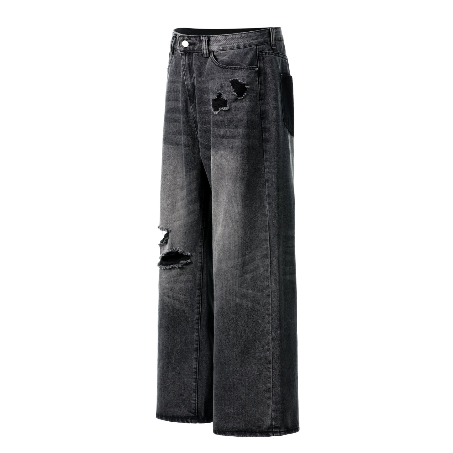 Distressed ripped jeans back view with black patch pockets