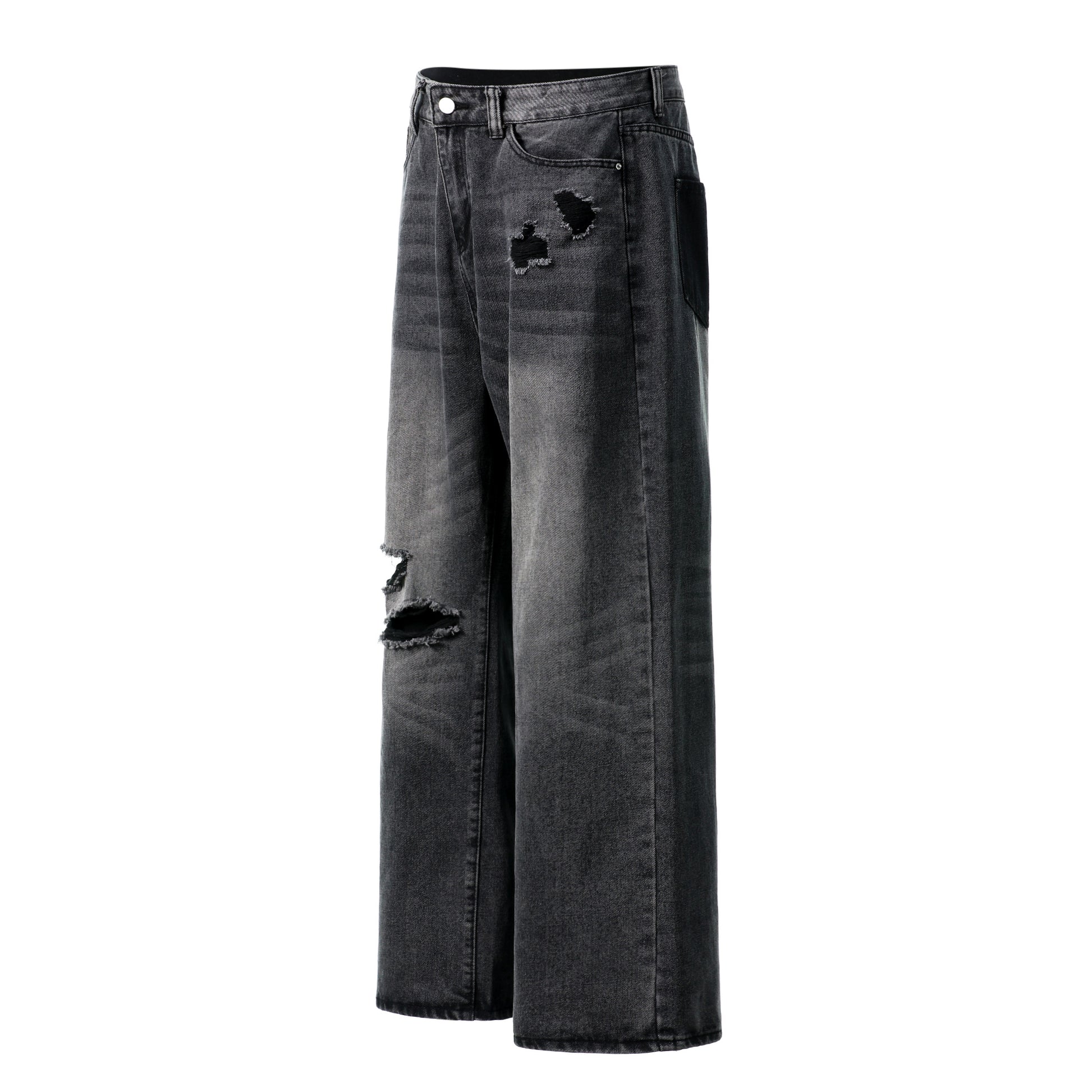Distressed ripped jeans back view with black patch pockets
