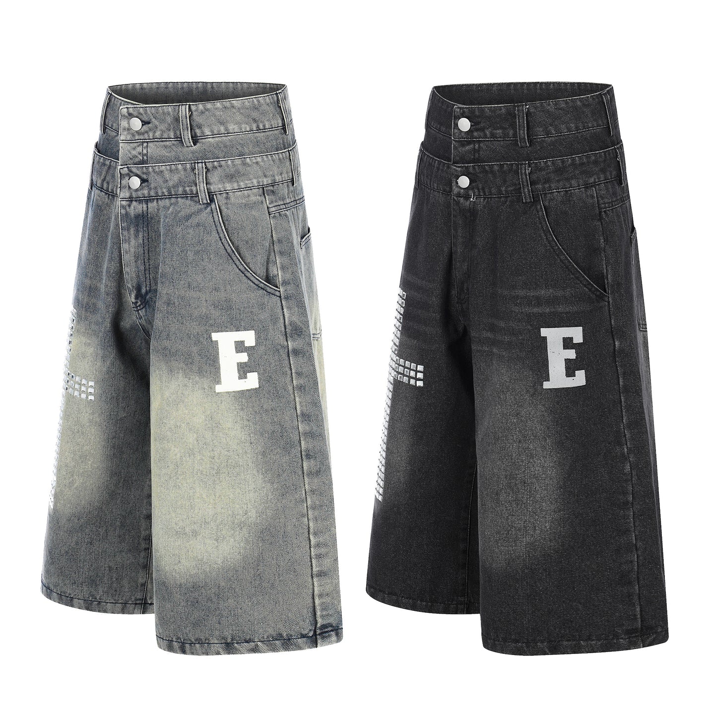 E Letter Cross Rhinestone Denim Shorts - Blue Side
