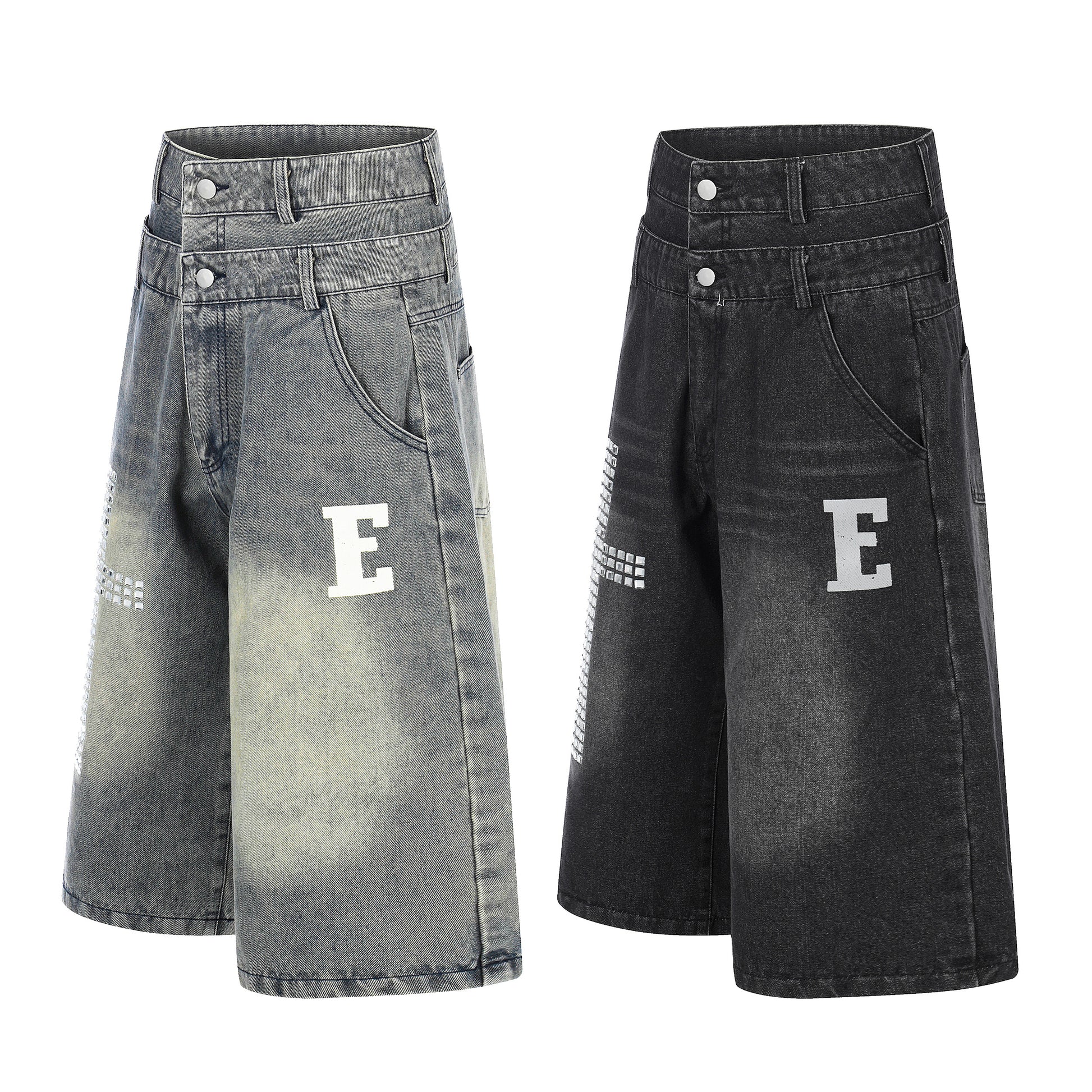 E Letter Cross Rhinestone Denim Shorts - Blue Side