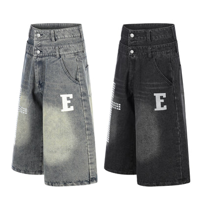 E Letter Cross Rhinestone Denim Shorts Wide Leg High Waist Washed Streetwear Summer Casual Shorts