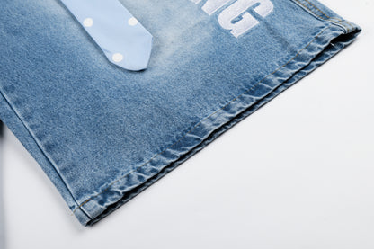 Women's I Love RVNTENG Letter Print Polka Dot Tie Wide Leg Denim Shorts High Waist Casual Streetwear Jean Shorts