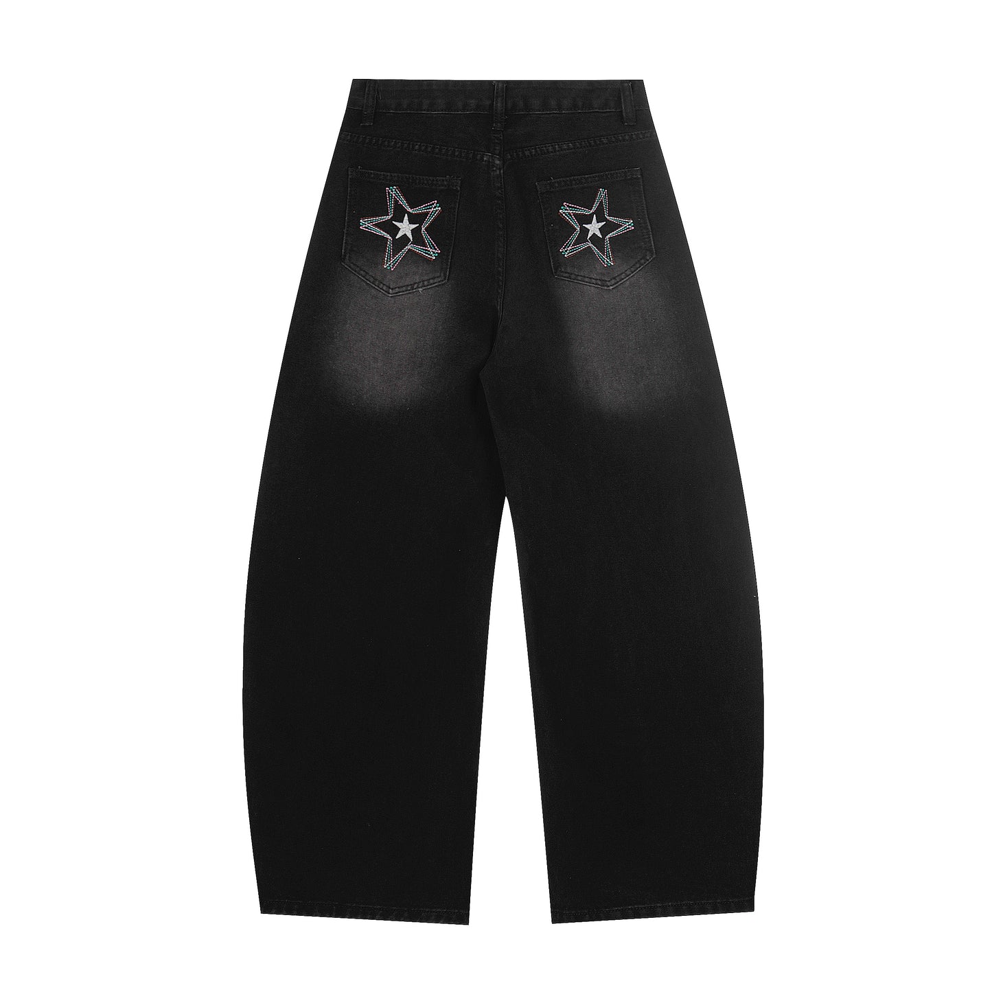Star Embroidery Wide Leg Barrel Jeans - Black Front