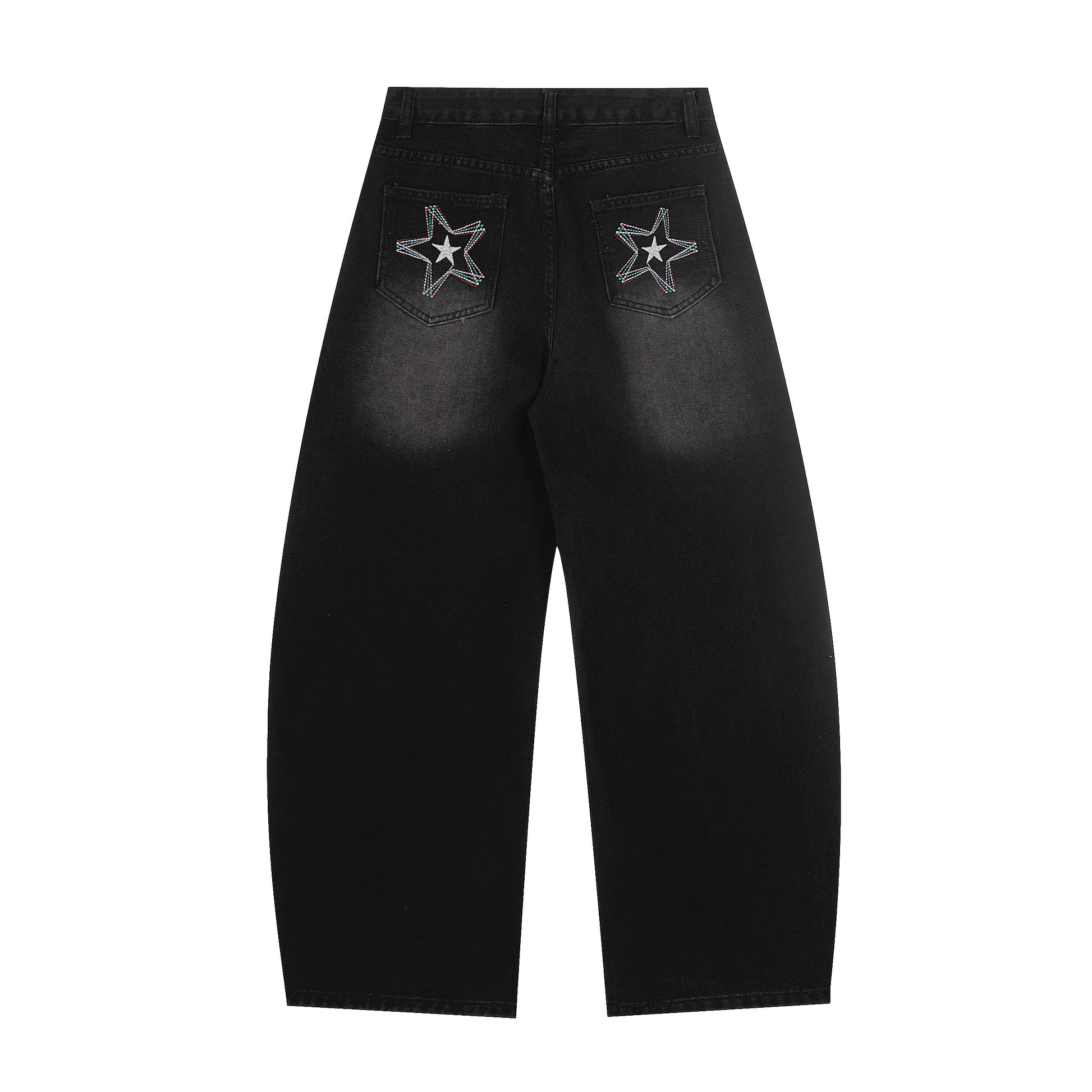 Star Embroidery Wide Leg Barrel Jeans - Black Front