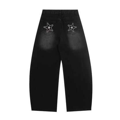 Star Embroidery Wide Leg Barrel Jeans High Waist Washed Y2K Streetwear Denim Pants