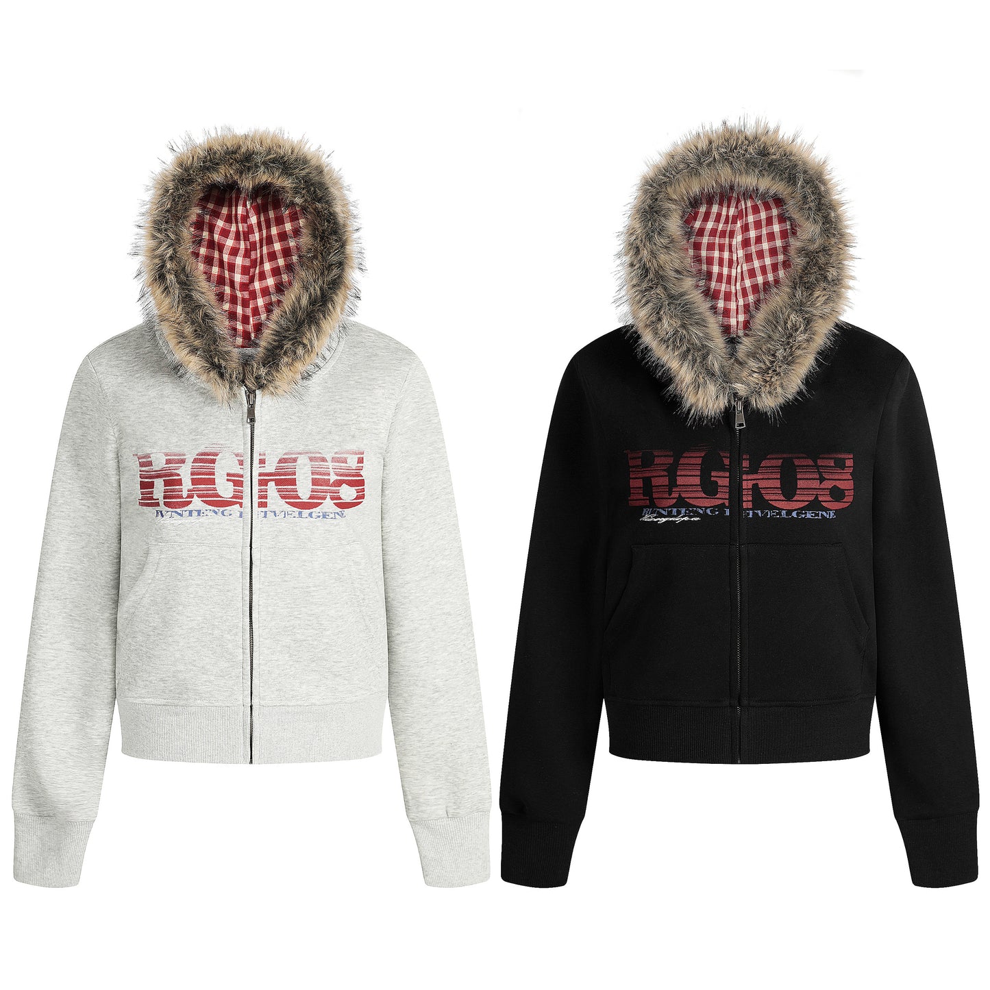 Women's RGIOS Plaid Lined Faux Fur Hood Zip Cropped Hoodie - Grey & Black Front View