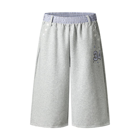 Star Print Number 34 Embroidery Wide Leg Sweat Shorts Plaid Elastic Waist Casual Streetwear Baggy Shorts | Star 34