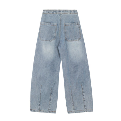 Plaid Scarf Waist Tie Drawstring Wide Leg Jeans Cargo Pocket Hem Slit Baggy Denim Y2K Streetwear