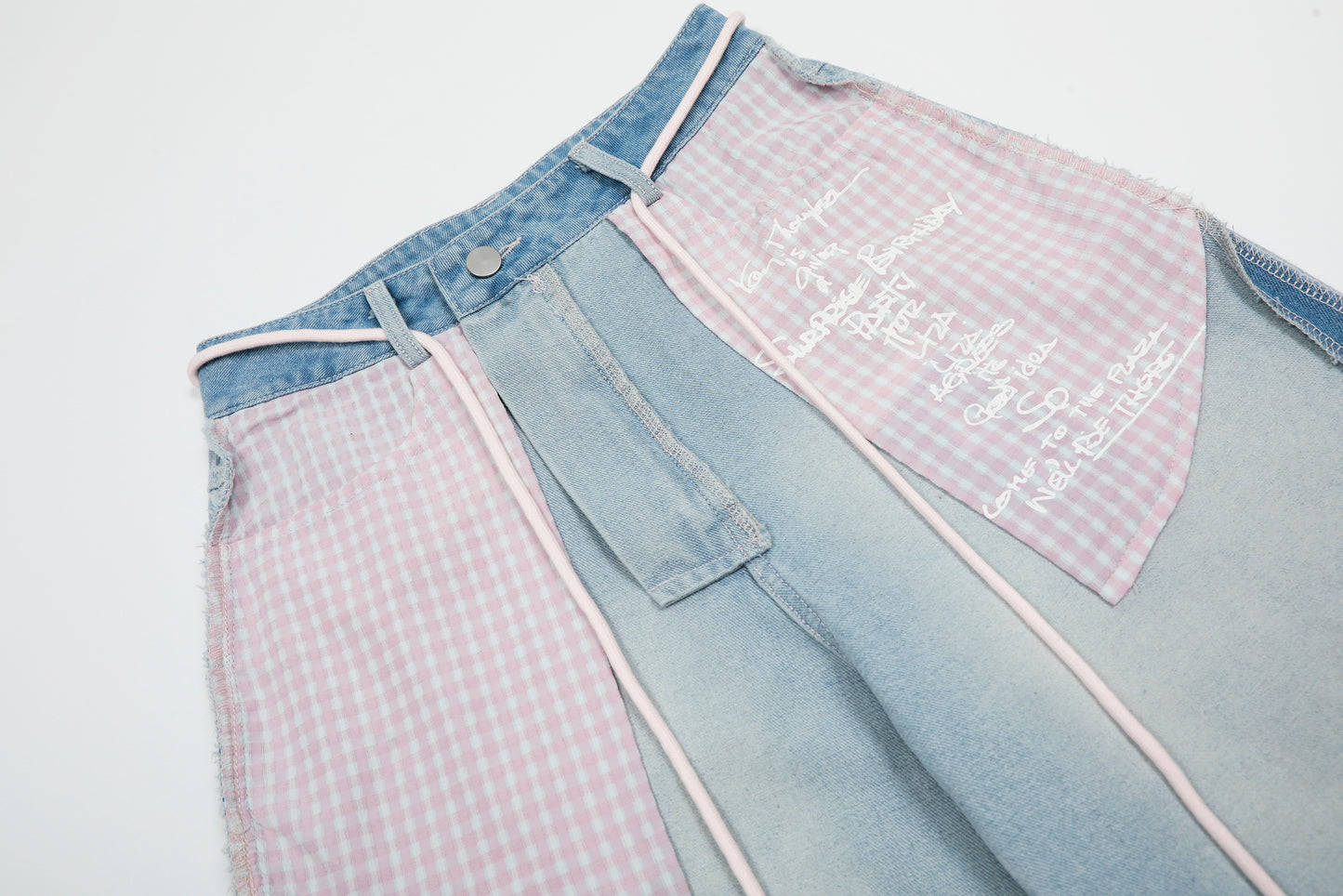 Pink Stripe Patchwork Heart Print Wide Leg Jeans Rope Tie Animal Lover Graffiti Light Wash Y2K