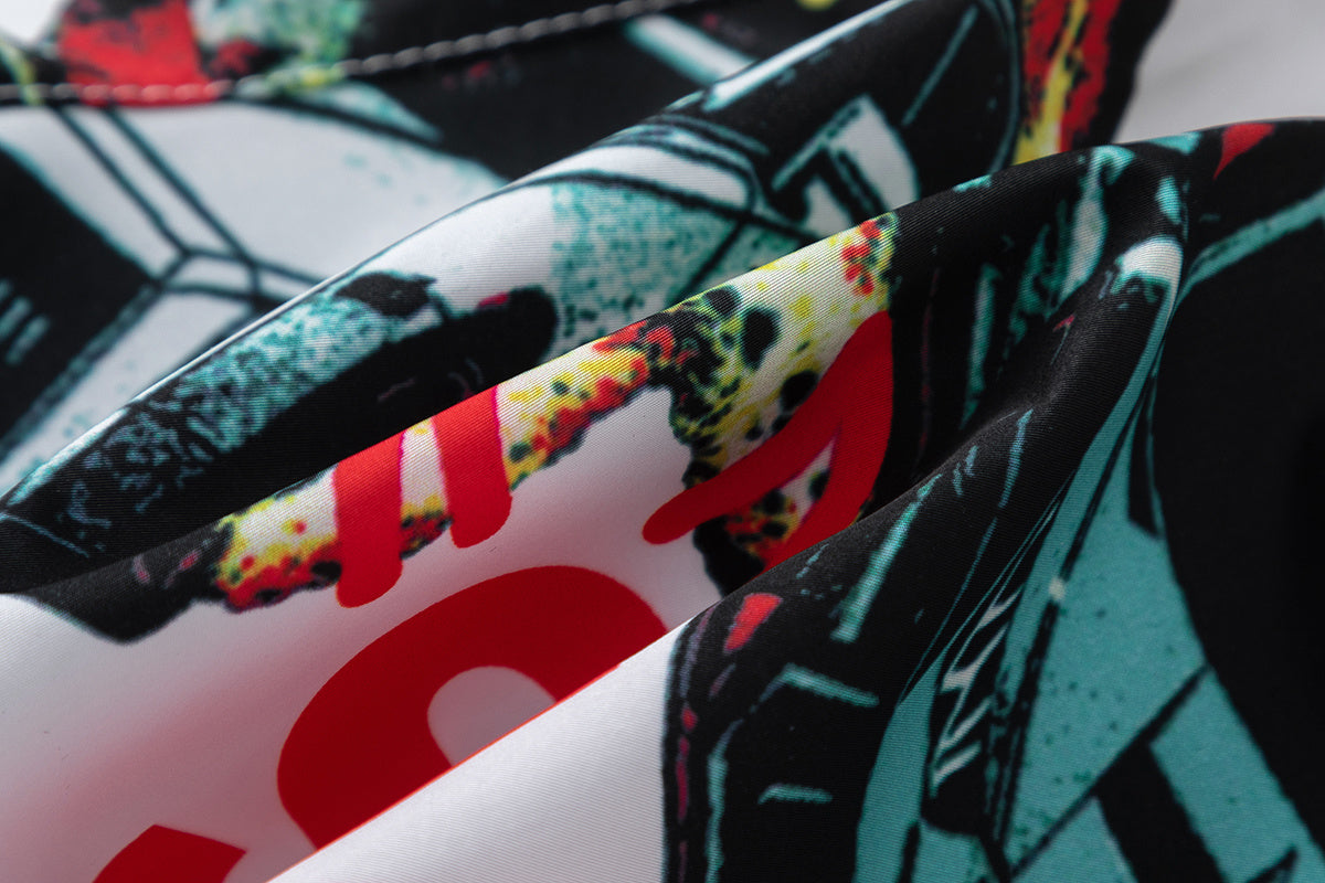 White graphic shorts with colorful cars, explosions, helicopters, elastic waistband, drawstring, and side pockets - view 4
