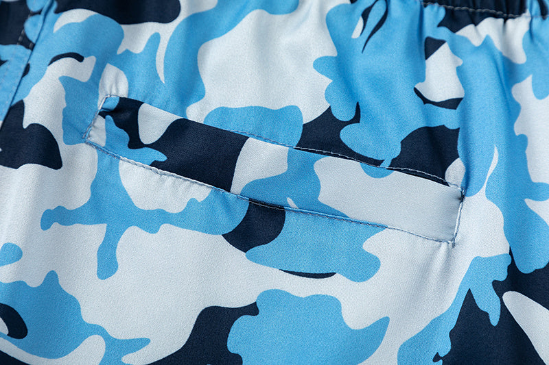Blue camouflage drawstring shorts with white hem graphic and elastic waist - view 4