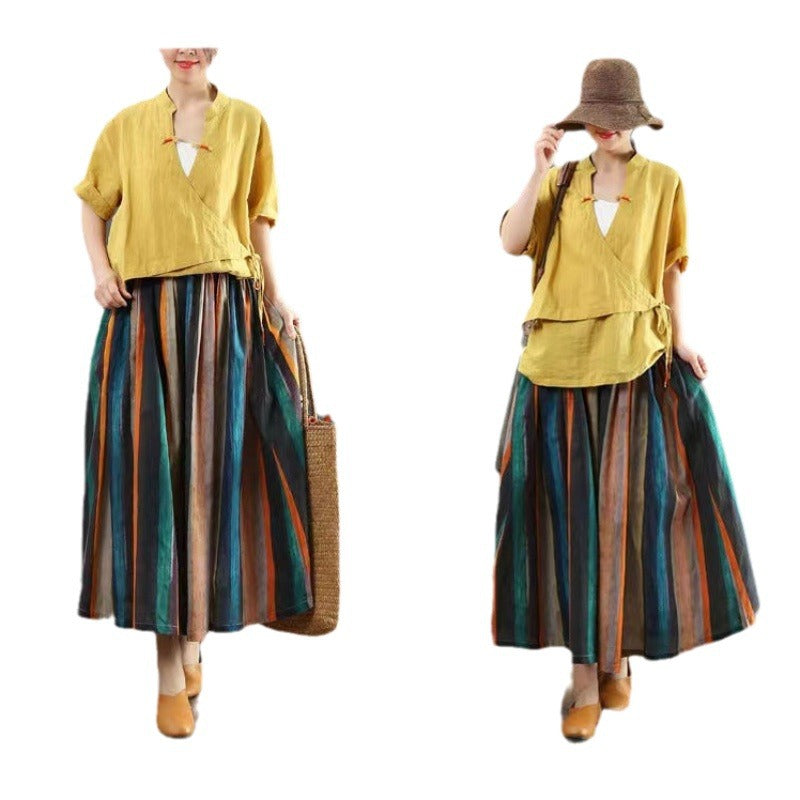 New style cotton and linen all-matching A-line skirt loose literary stripe printing medium-long pleated skirt for women