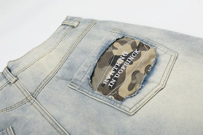 Women's Cross Rivet Camo Patch Wide Leg Denim Shorts High Waist Washed Streetwear RVNTENG Jean Shorts